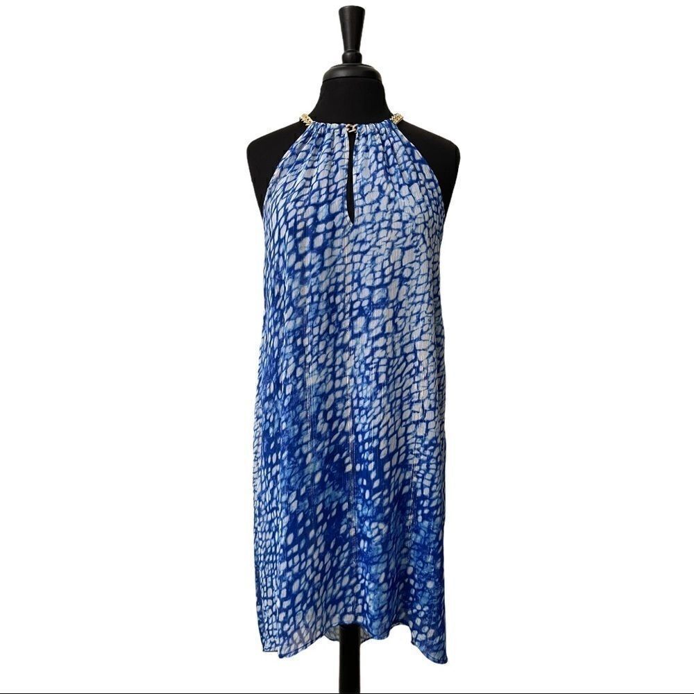 Michael Michael Kors Blue Printed Midi Chain Halter Dress Sz XS